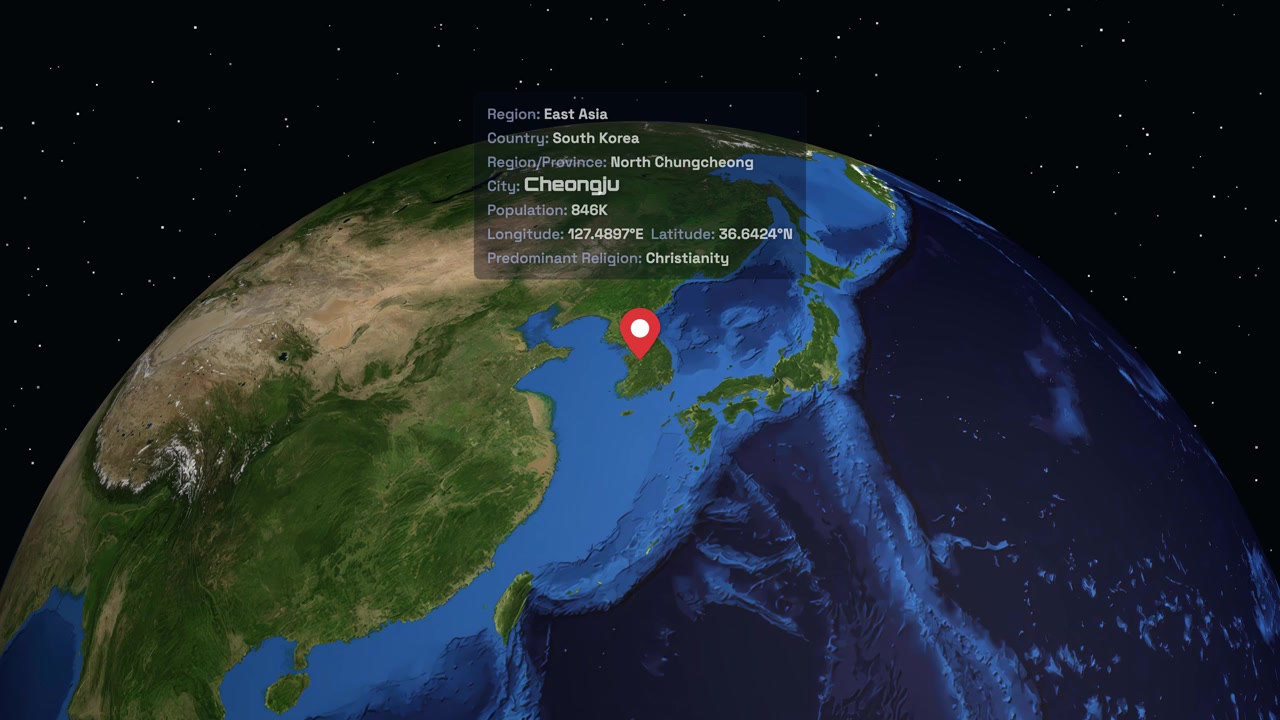 Digital globe rotates and zooms from space to Cheongju, South Korea, displaying regional demographic information
