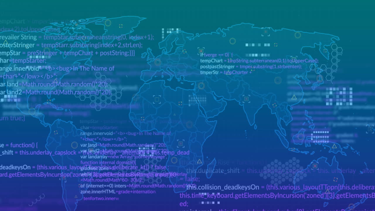 Animation of computer language over circuit board pattern on map against blue background