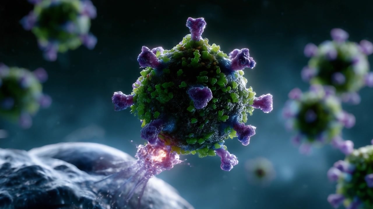 Detailed Visualization of a Virus in Action: Close-Up Frames Show Viral Structure and Interaction with Host Cells, Highlighting the Intricacies of Infection and Replication