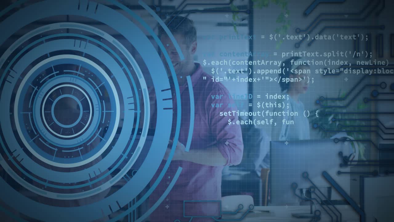 Man gesturing near glass partition, summoning circular blue HUD while code scrolling for tech demo