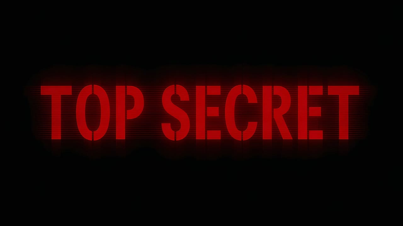 Opening showing dim red stencil TOP SECRET text pulsing glow on black background, presenting title