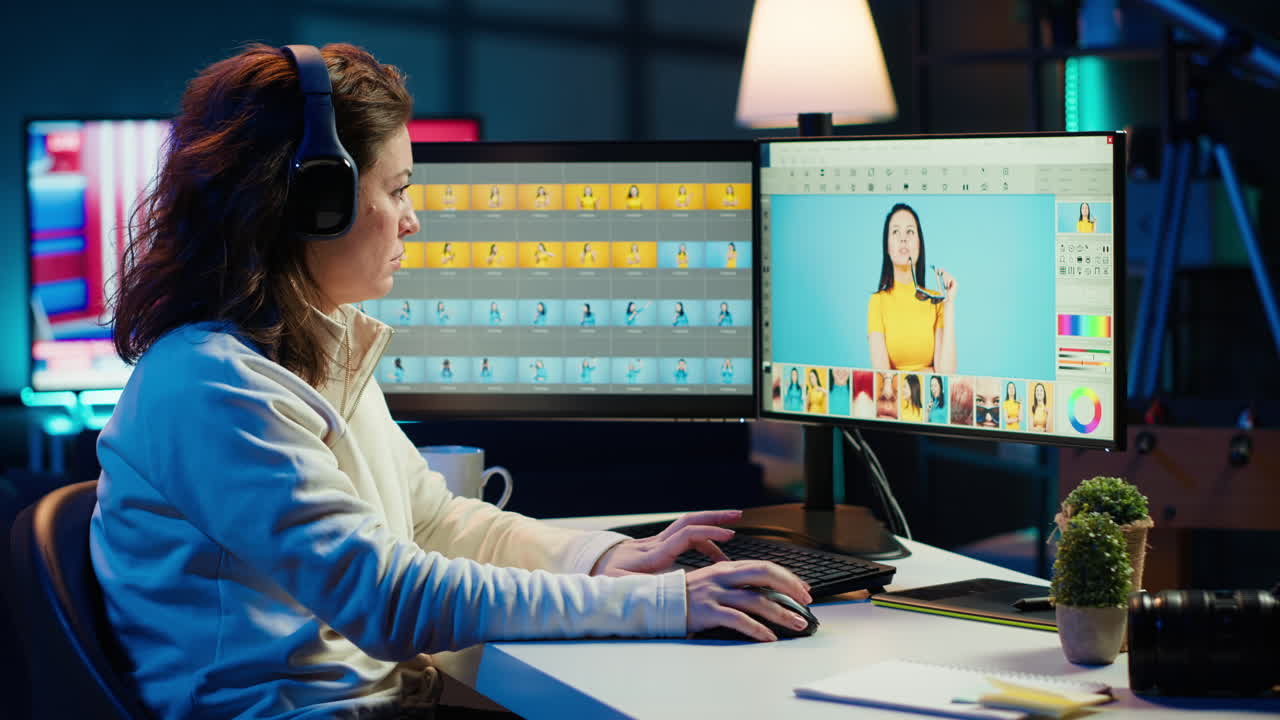 fotógrafo independiente que edita fotografías profesionales, trabajando en su estudio doméstico