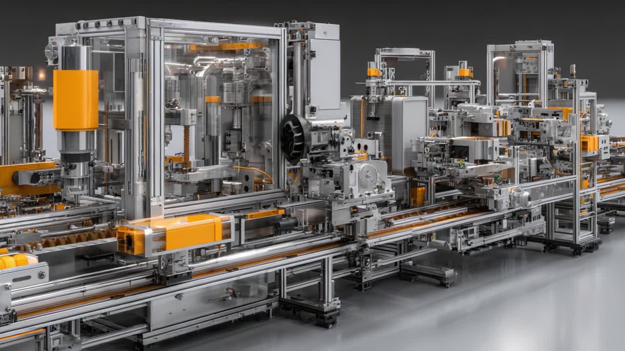 Advanced Industrial Automation: A Detailed Look at an Efficient Production Line Featuring Complex Machinery and Optimized Manufacturing Processes