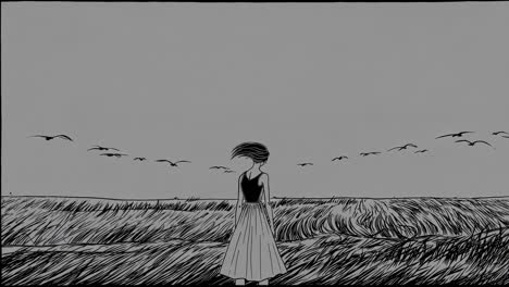 pensive woman standing in grassy landscape, watching birds soaring against clouded sky, rendered in monochrome artistic style with soft, contemplative mood