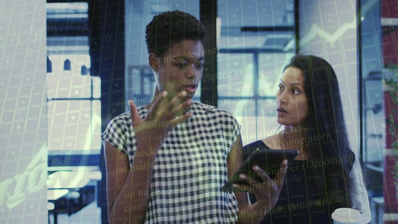 Left woman tapping tablet and presenting business data to peer, overlaid charts highlighting tablet