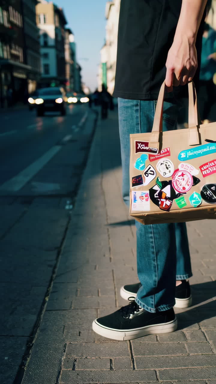 Person carrying a tote bag with stickers on a city street