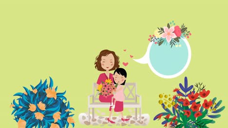 animation of mother and daughter with speech bubble and copy space with flowers