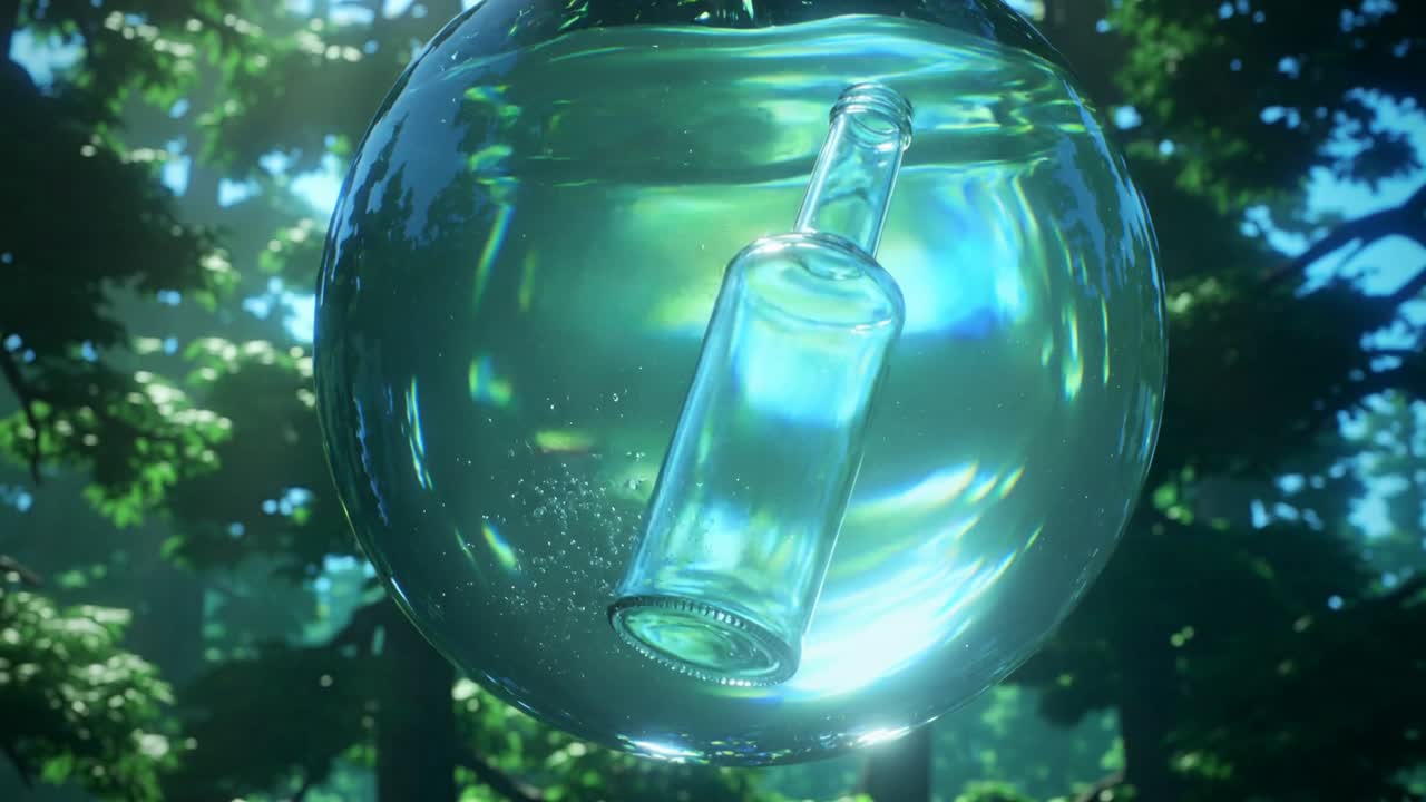 Shifting breeze nudging glass orb's bottle tilting in sunlit forest clearing, microbubbles drifting