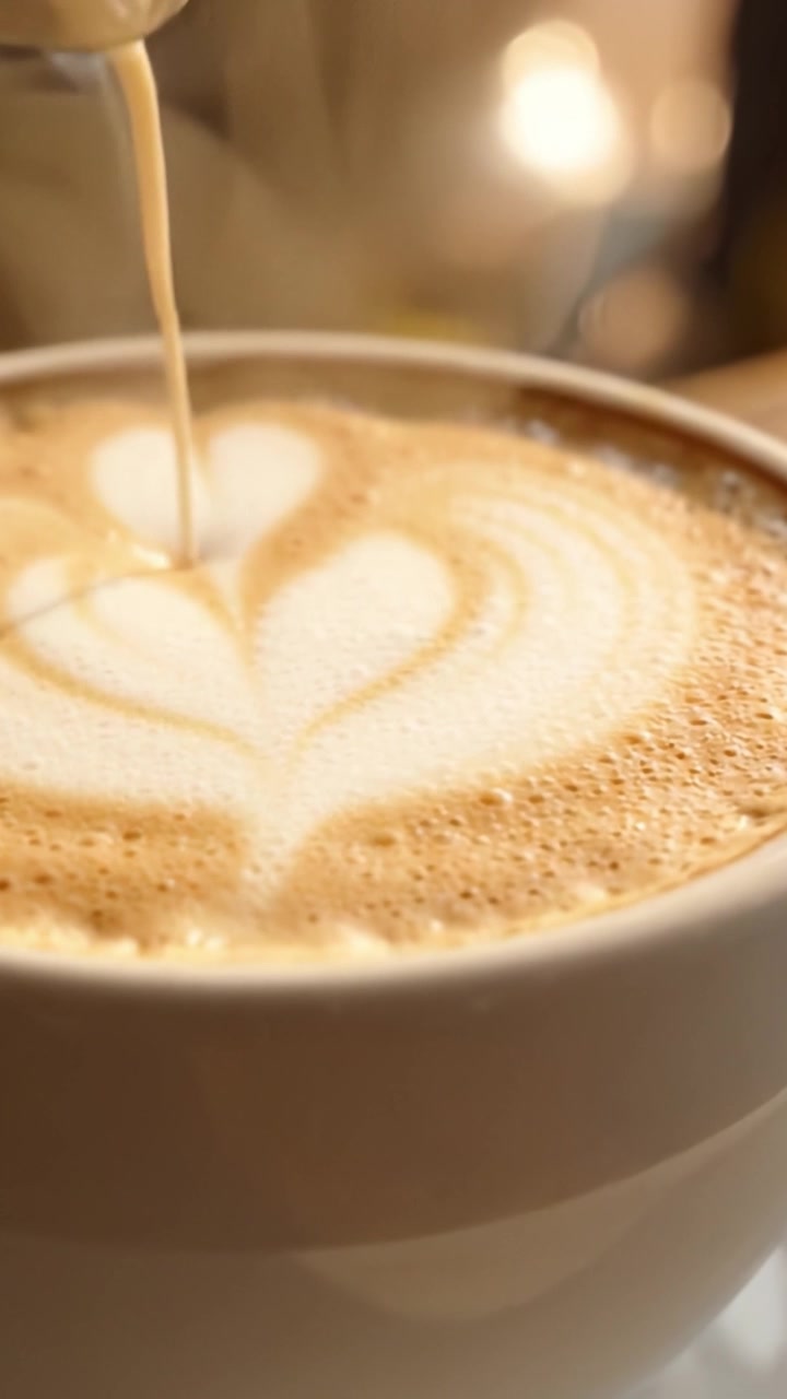 Primo piano accattivante di una latte art splendidamente realizzata con intricati motivi a cuore su una superficie di schiuma liscia in un'accogliente atmosfera da caffè.