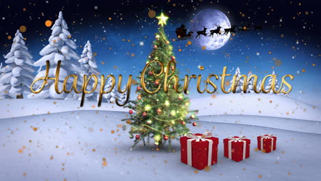 feliz texto de navidad y manchas amarillas flotando contra el árbol de navidad y regalos en el paisaje de invierno