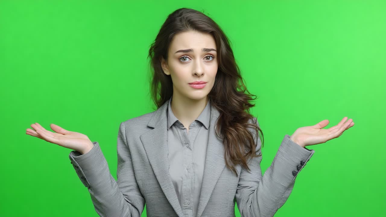 A Young Woman in a Grey Suit with Long Hair Showcases Uncertainty Against a Bright Green Background, Illustrating a Sense of Confusion or Indecision