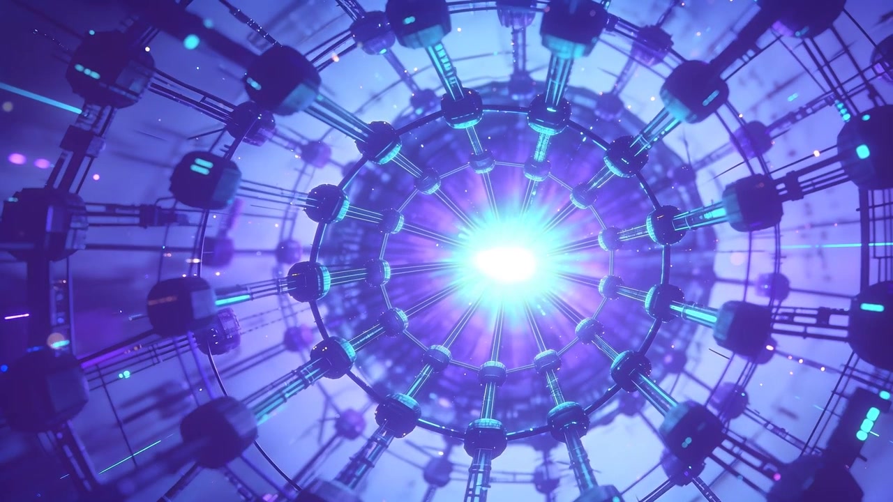 Charging central core and rings intensifying, emitting rays and ejecting particles in reactor