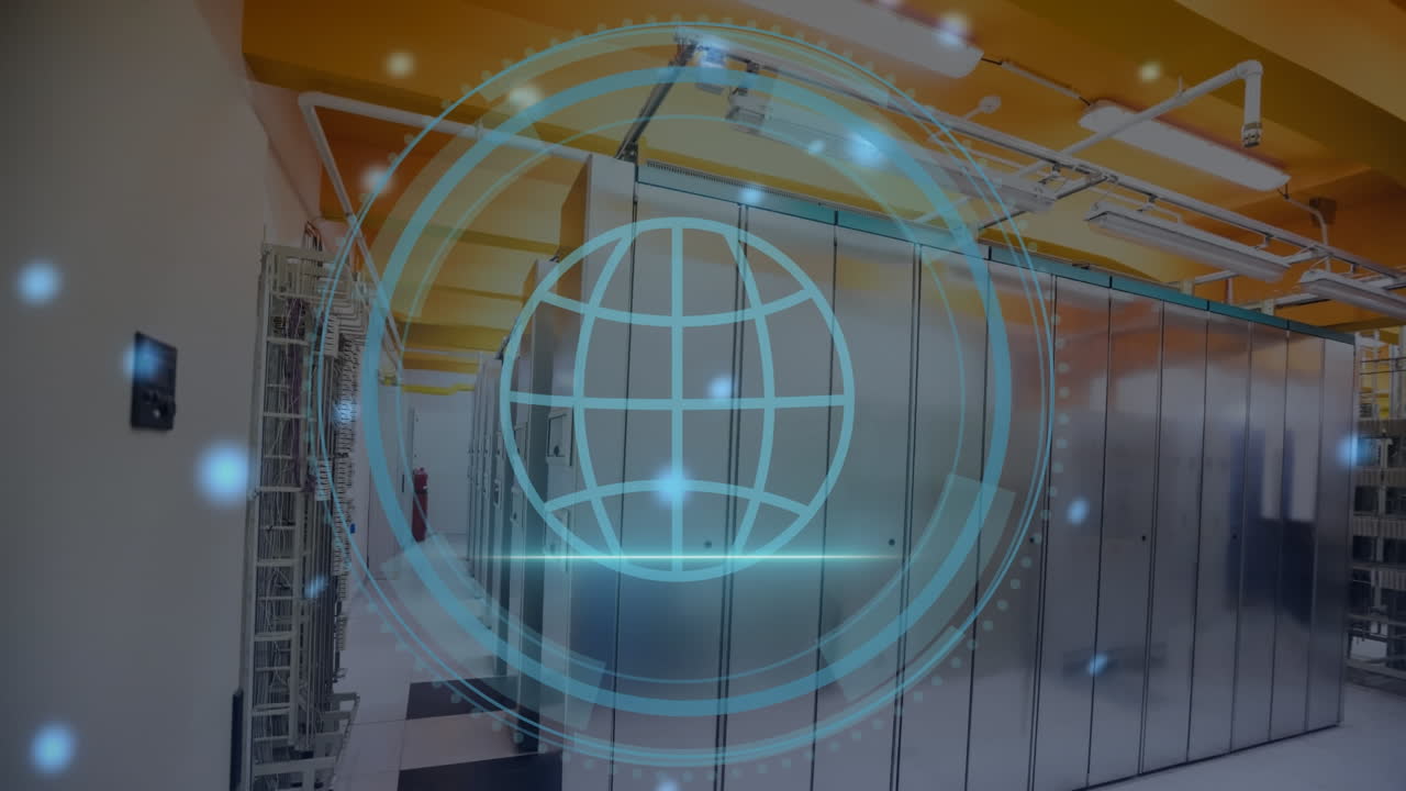 animación del texto de seguridad cibernética en el escudo, el globo en los círculos de carga y las llamaradas de lente en la sala del servidor