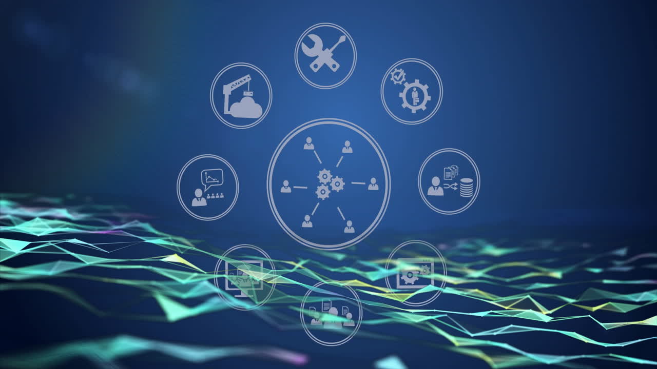 red de iconos interconectados que representan la animación del paisaje digital