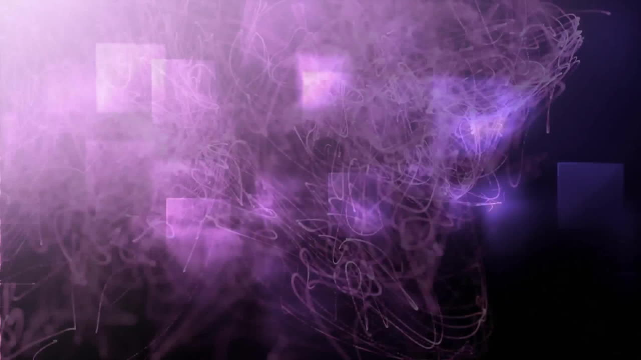 Animazione di scie luminose viola e quadrati viola su sfondo scuro