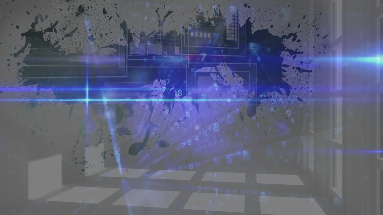 animación de código binario y luces sobre mancha en la pared