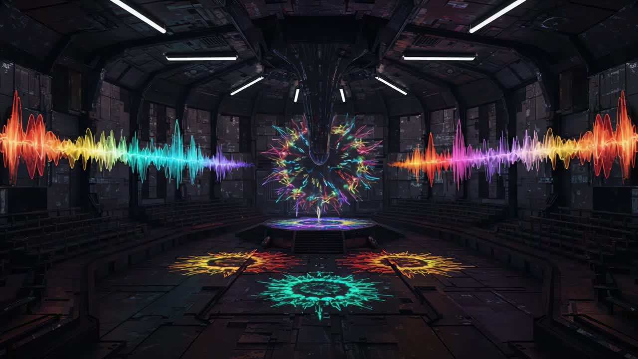 Vibrant Audio Visualization in an Industrial Space: An Enchanting Journey Through Sound Waves and Color Patterns in a Futuristic Environment