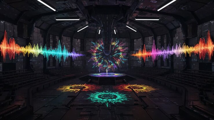 Vibrant Audio Visualization in an Industrial Space: An Enchanting Journey Through Sound Waves and Color Patterns in a Futuristic Environment