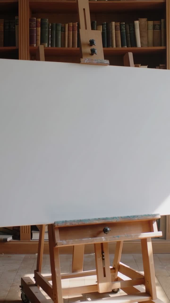 Video verticale: Telecamera che zooma, mostrando tela e cavalletto vicino a uno scaffale in studio, rivelando i dettagli del cavalletto.