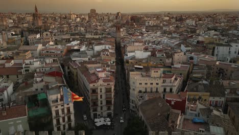 Opening-Aerial-view-of-historical-old-town-Valencia-Spain,-magic-summer-sunset