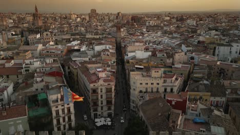 opening aerial view of historical old town valencia spain, magic summer sunset