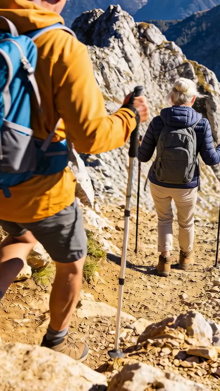 Pareja haciendo senderismo cuesta arriba en un sendero de montaña rocoso con bastones de trekking