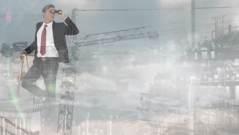 Animation-of-businessman-with-binoculars-over-cityscape-with-data-processing