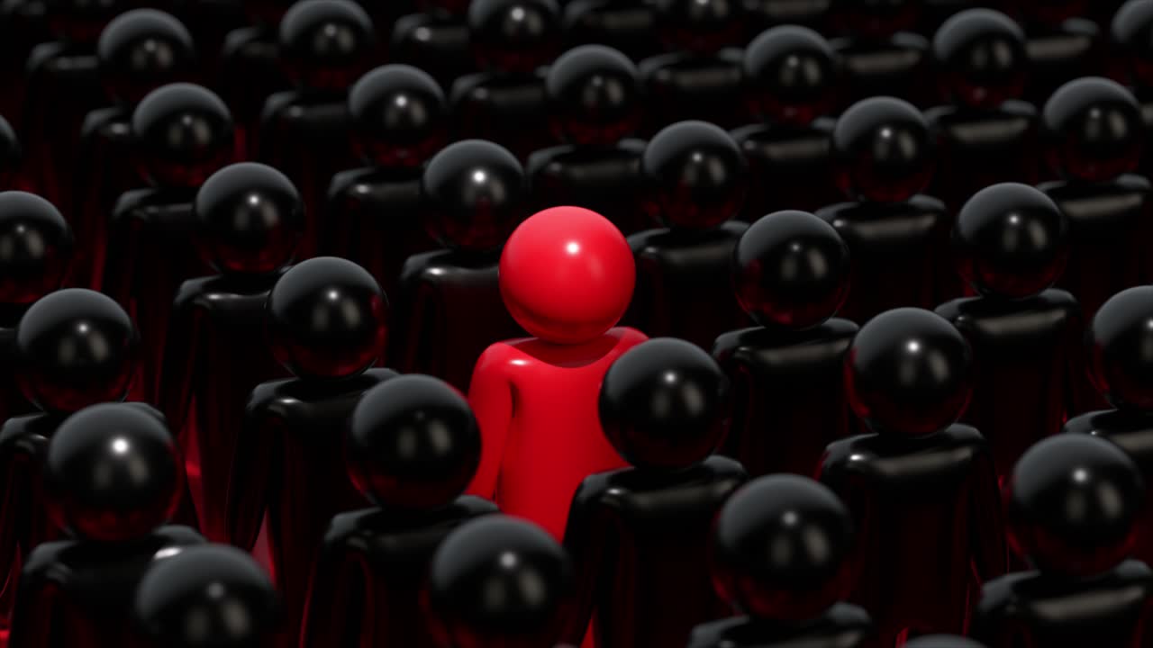 검은 그림의 군중에서 단 하나의 빨간 그림