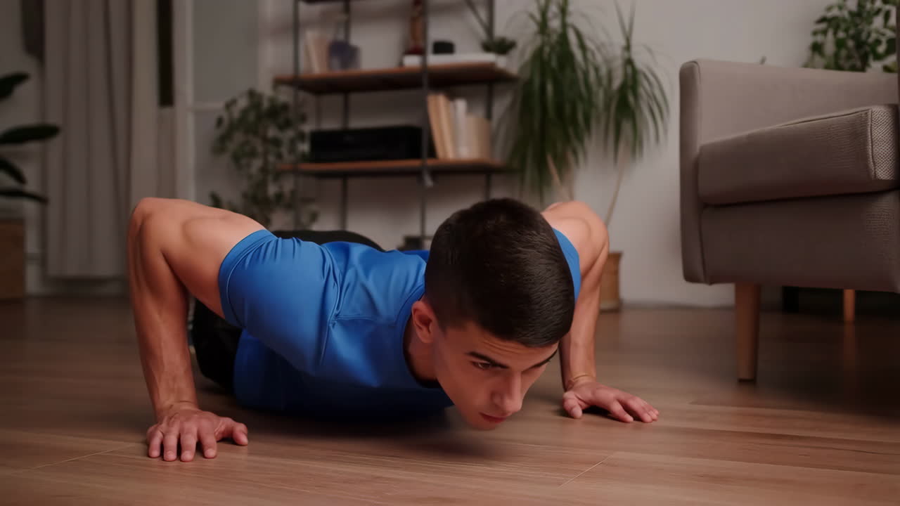 hombre haciendo flexiones en casa