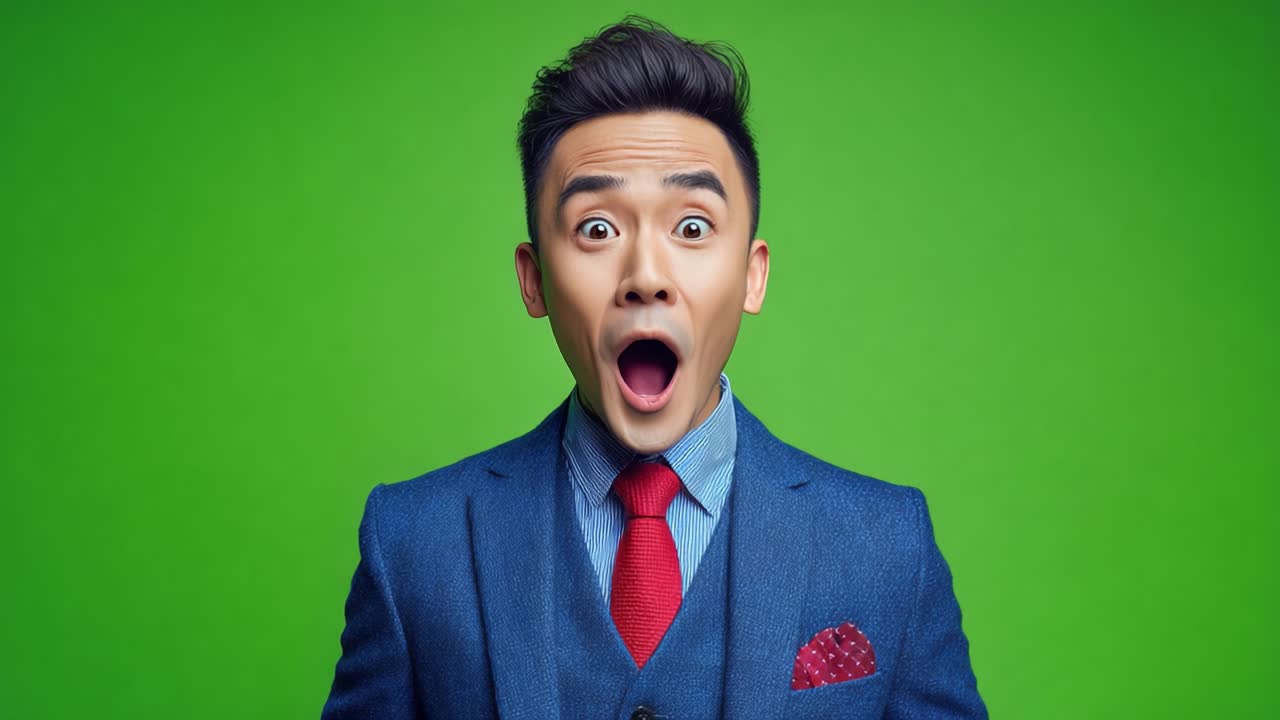 Astonished to Ecstatic: The Transformation of a Young Man Showcasing Emotions Against a Vibrant Green Background in Two Powerful Frames