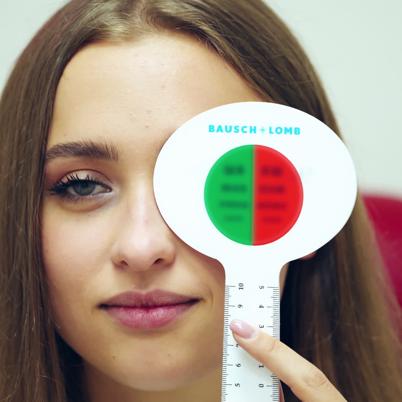 Portrait of a woman with occluder. Beautiful female checking her eyes at ophthalmologist. Girl with one eye closed speaks during vision check up.