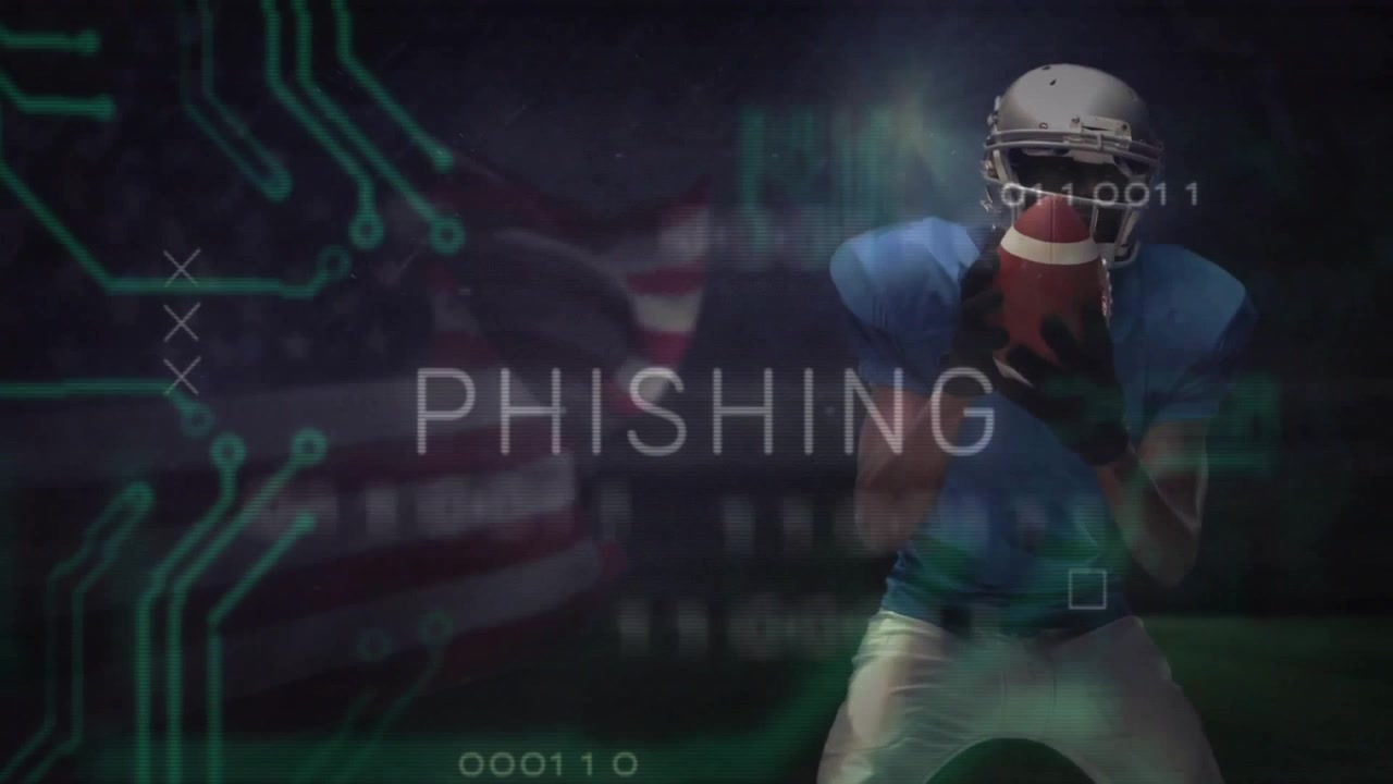 Player catching pass entering frame under flag as phishing overlay appearing with binary digits