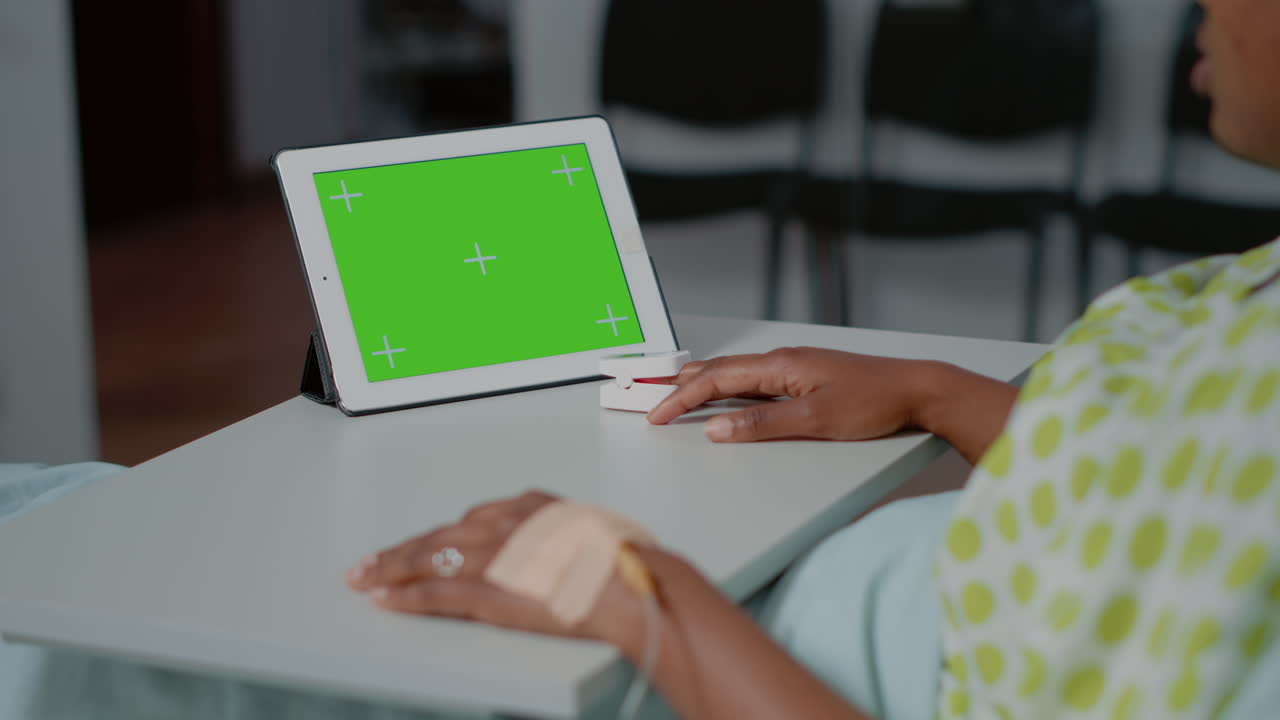 Close up of horizontal green screen on digital tablet