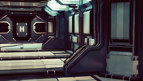 futuristic interior of spaceship corridor with light