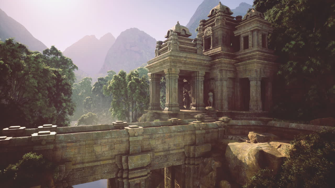 Historic temple ruins amidst lush greenery in a mountainous landscape