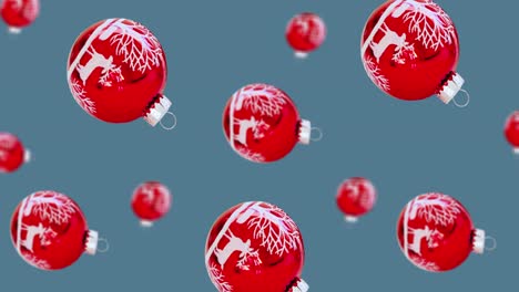 a stream of glass white red christmas tree toy of different diameters diameters on trending blue background (horizontal, not loopable) in 4k uhd footage