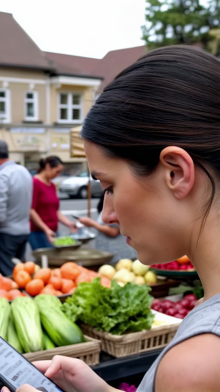 Young woman buying fresh vegetables at a local market.