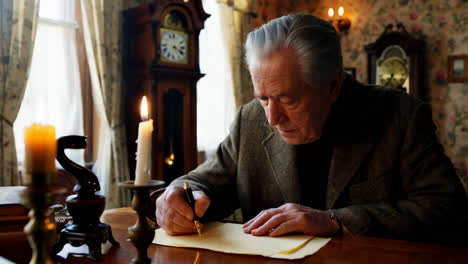 elderly man writing a letter in a vintage home