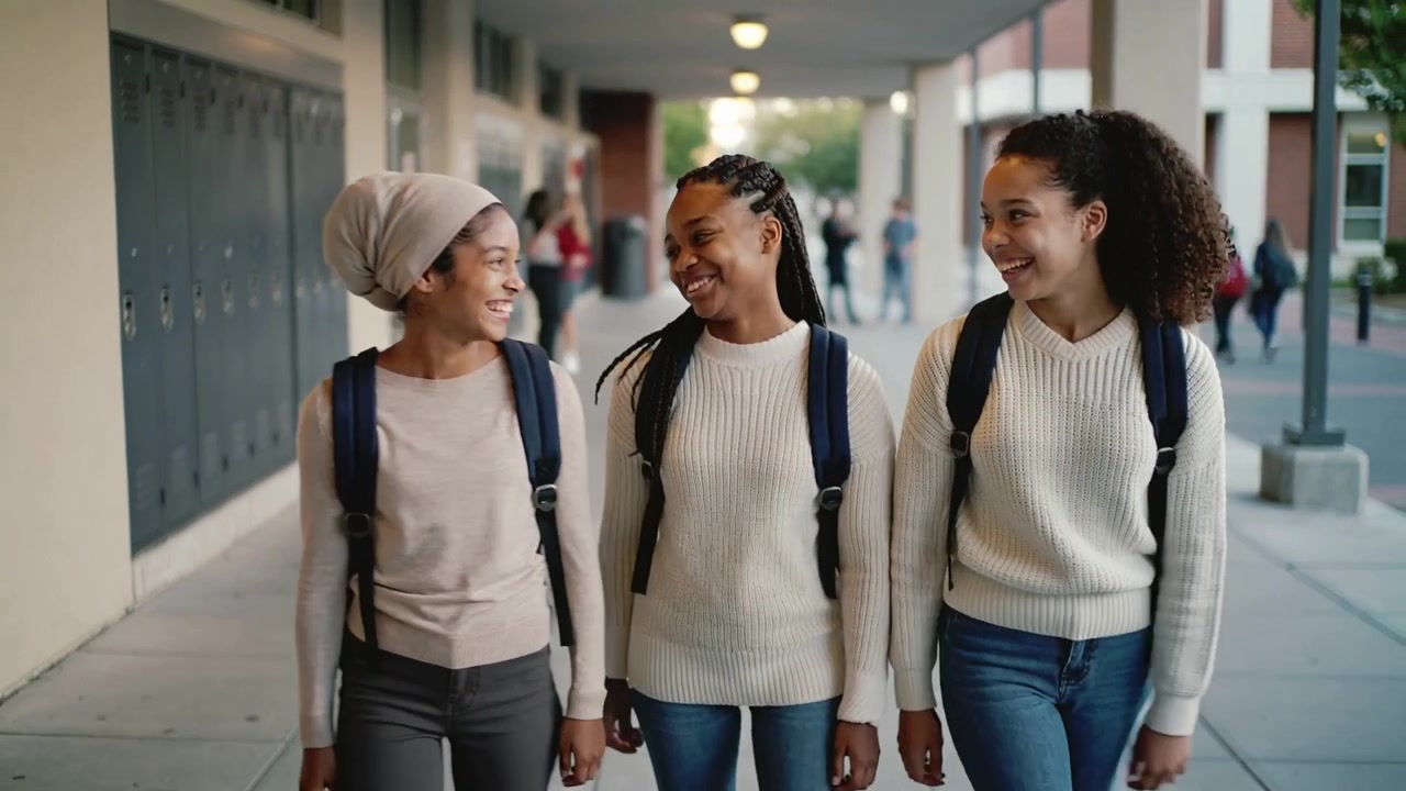 Tre ragazze adolescenti con maglioni che portano zaini sorridenti nel corridoio della scuola tra le lezioni, armadietti