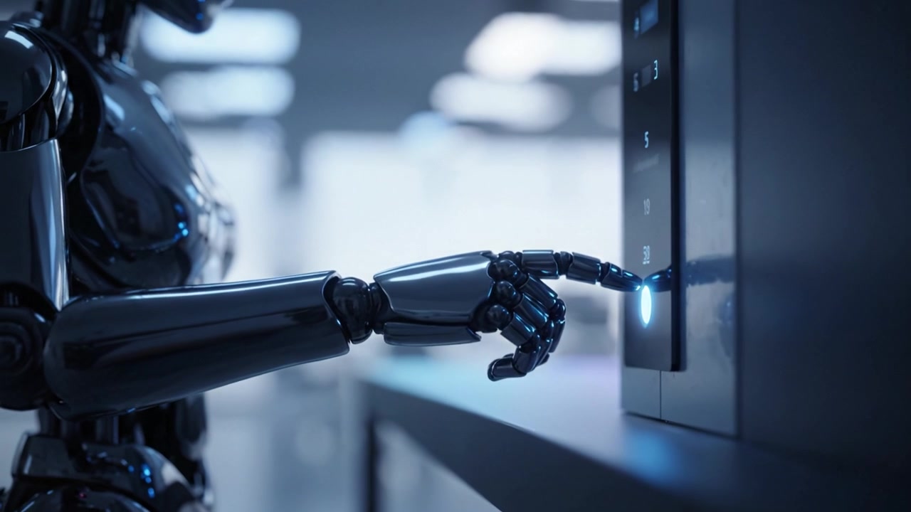 Un robot futurista con tecnología en un entorno moderno destacando la automatización avanzada y la integración de IA en tareas cotidianas