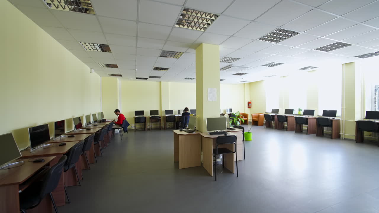 Computer lab at university. View of computers in classroom of university