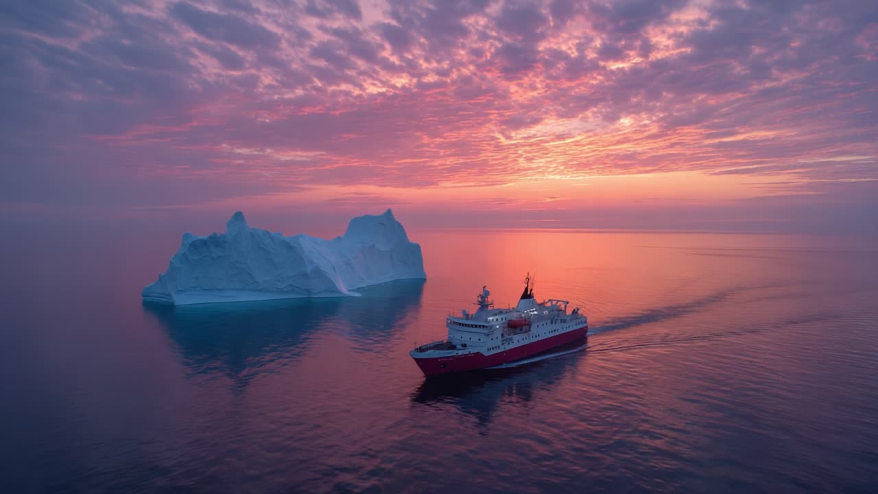 A Majestic View of an Icebreaker Ship Navigating Through Stunning Polar Waters Surrounded by Icebergs and Breathtaking Colorful Skies at Sunset