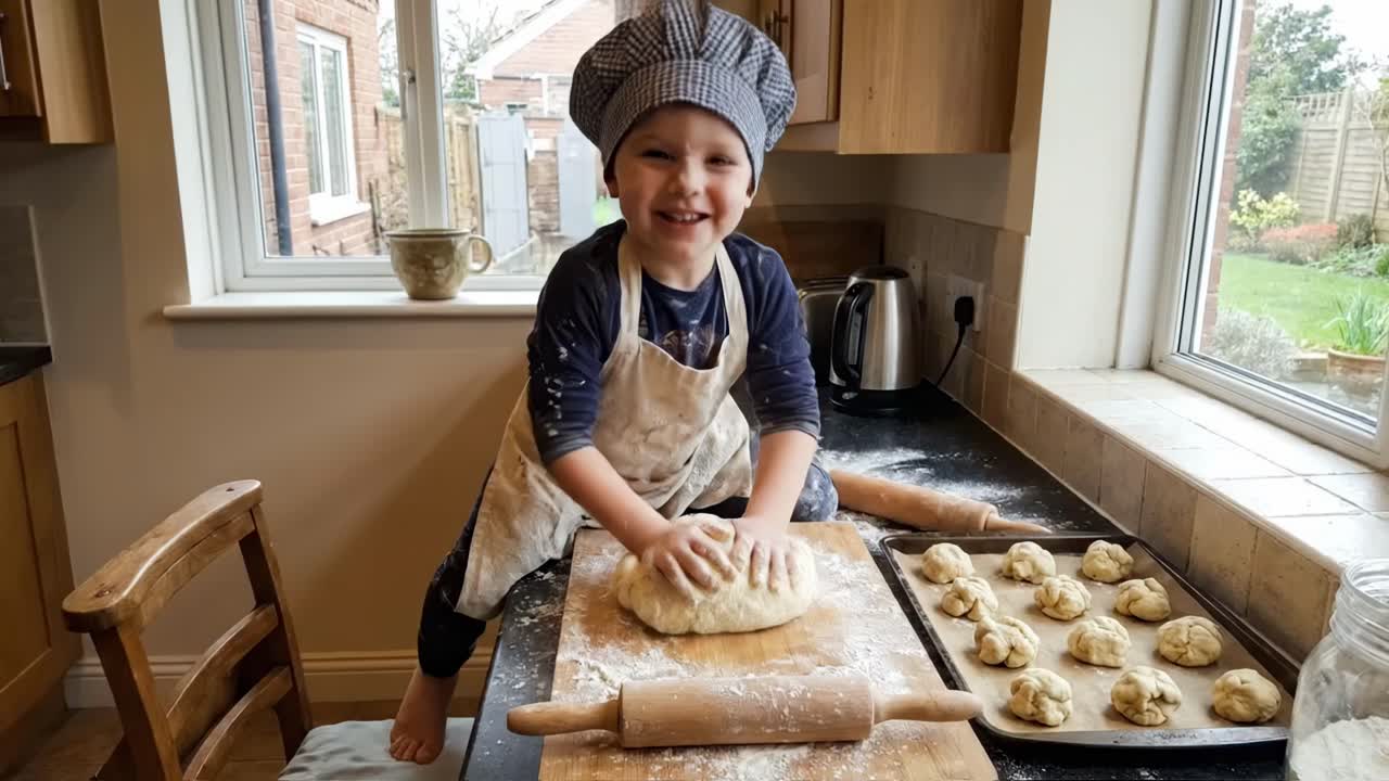 Blije jonge jongen kneedt deeg in de keuken met een koksmuts op