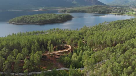 Pasarela-De-Pinos-En-El-Parque-De-Actividades-Hamaren-Con-Vistas-Al-Lago-Fyresvatn-En-Fyresdal,-Noruega