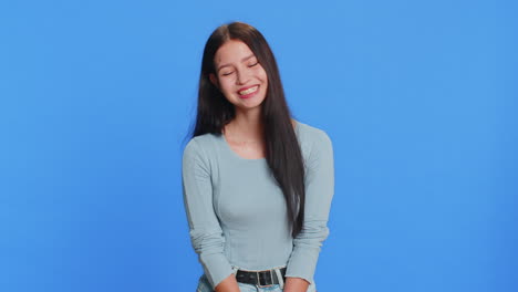 Happy woman girl smiling friendly glad expression feel satisfied concept good news celebrate win