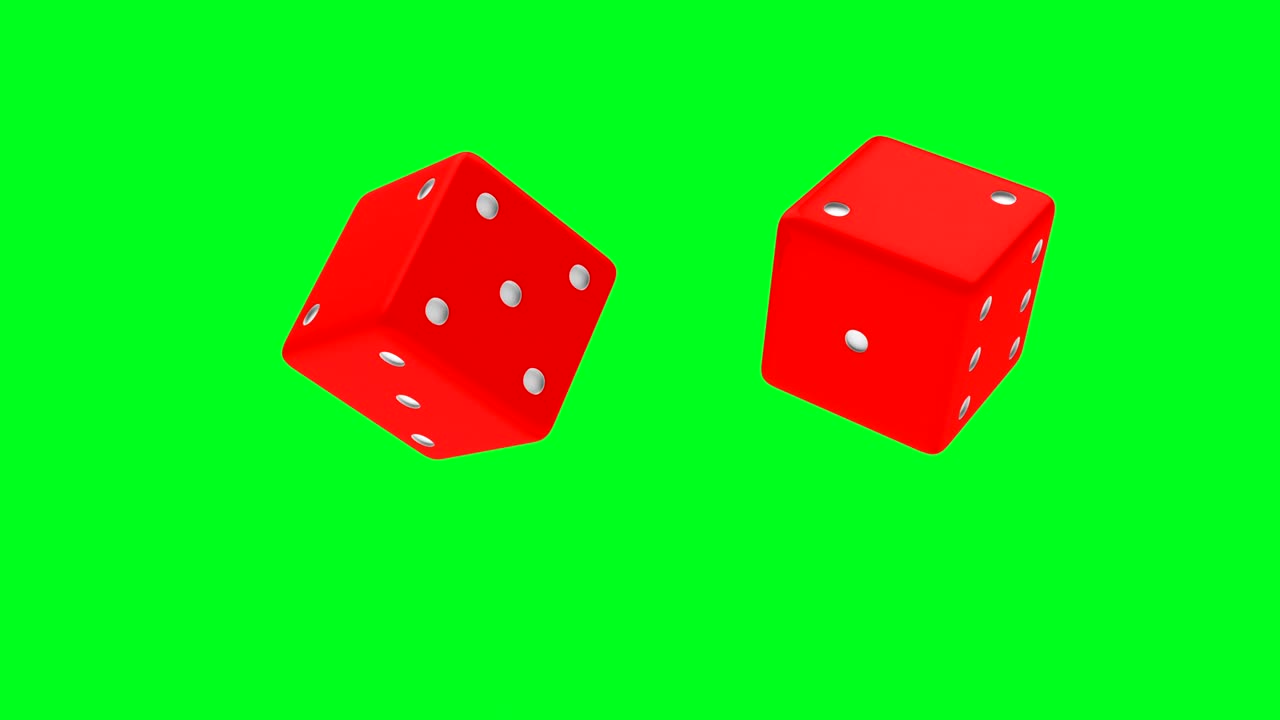 animación en 3d de dados rojos giratorios en una pantalla verde. 4k