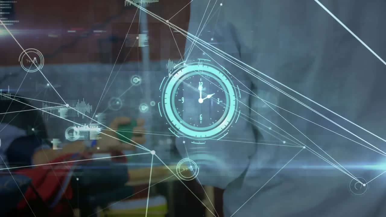 Animation of ticking clock and network of connections over mid section of doctor at hospital