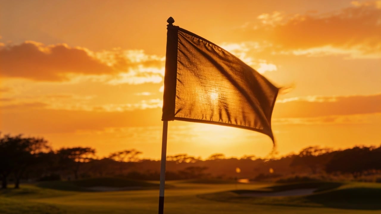 Bendera golf berkibar di tiang, melambai dan mengembang di lapangan hijau saat angin sepoi-sepoi bertiup, mengubah posisi matahari.