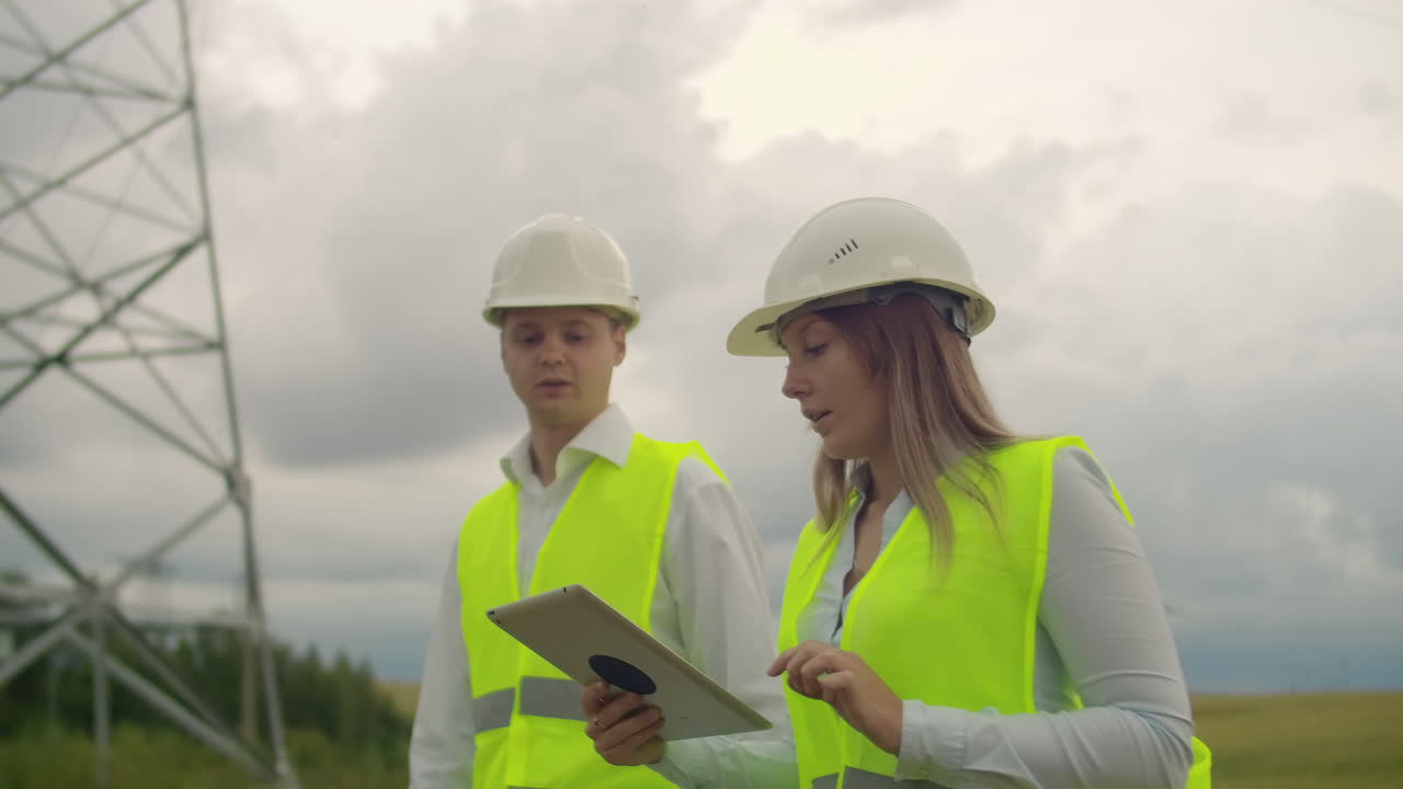 un electricista en los campos cerca de la línea de transmisión de energía. el electricista maneja el proceso de erigir líneas eléctricas. el mecánico en un casco