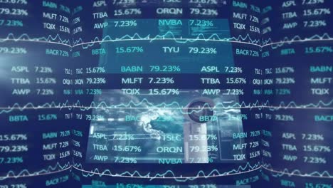 animación del procesamiento de datos del mercado de valores sobre luz y múltiples pantallas sobre fondo azul.